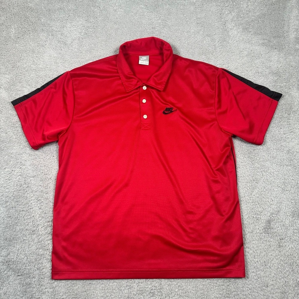 Vintage Nike Sportswear Mens XL Red‎ Short Sleeve Polo Shirt Black Stripe Y2K